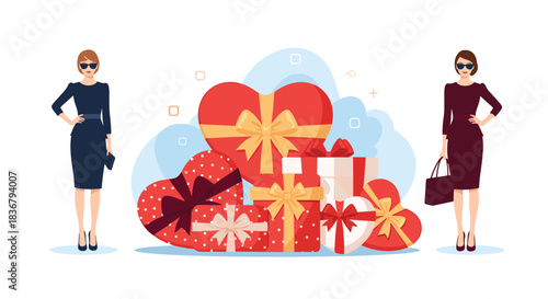 Two elegant and stylish women standing beside a large pile of beautifully wrapped gift boxes and heart-shaped presents for a celebration.