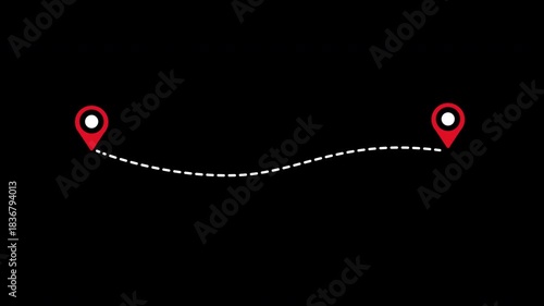 Route direction navigation between two points pin marked   with location pin icons and dotted line path on black background. suitable tourism and travel concept, alpha channel only 4k.
