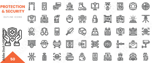 A collection of 50 outline icons depicting various themes of protection and security.