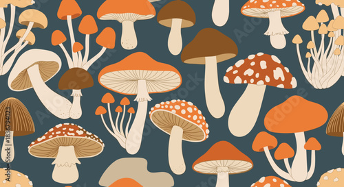 A beautiful seamless pattern of various wild mushrooms in warm, earthy tones, creating a whimsical forest floor design on a dark background.