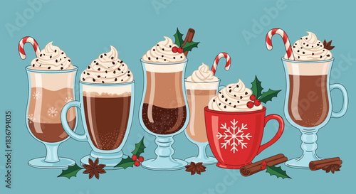 A festive collection of winter and Christmas hot drinks, including cocoa and lattes topped with whipped cream, candy canes, and spices.