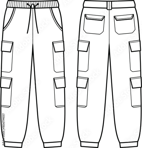 Technical flat sketch of cargo pants front and back view, elastic waistband, flap pockets, cuffed hem, fashion design, garment construction, apparel template