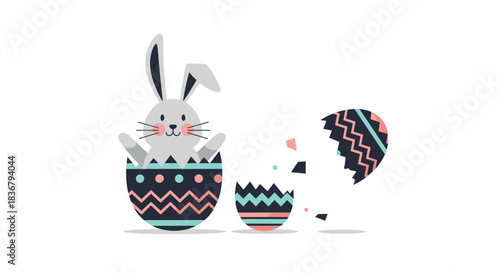 An adorable cartoon Easter bunny happily popping out of a brightly decorated and broken Easter egg, isolated on a white background.