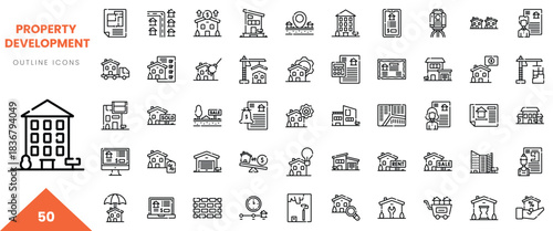 A collection of 50 outline icons representing various aspects of property development and real estate.