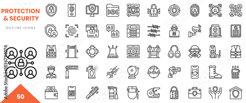 A collection of 50 outline icons representing protection and security elements.