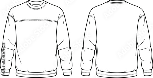 Technical flat sketch of crewneck sweatshirt, long sleeve chest seam ribbed cuff hem detail design, fashion template, garment construction drawing, vector outline