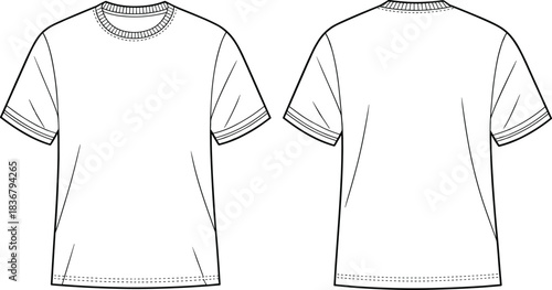 Technical flat sketch of crewneck t-shirt, short sleeve basic design, fashion template, garment construction drawing, apparel illustration, vector outline, stitching details