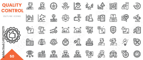 Collection of 50 quality control outline icons depicting various inspection and analysis concepts.
