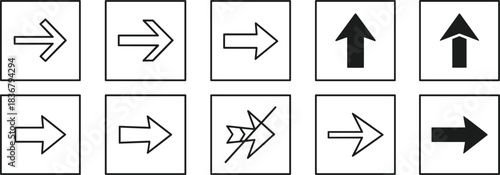 Directional arrow icons, navigation symbols, right and upward arrows, interface pointer signs, guidance indicators, UI direction elements, flat vector arrow design illustration