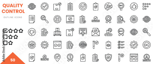 Collection of quality control outline icons, featuring check marks, certificates, and approval signs.