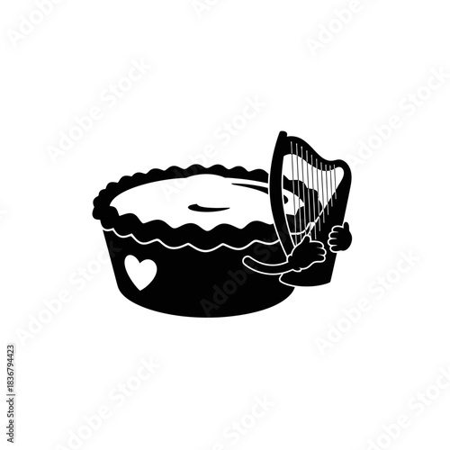 Quirky musical harp and dessert pie silhouette vector image for food and music themes isolated on white background