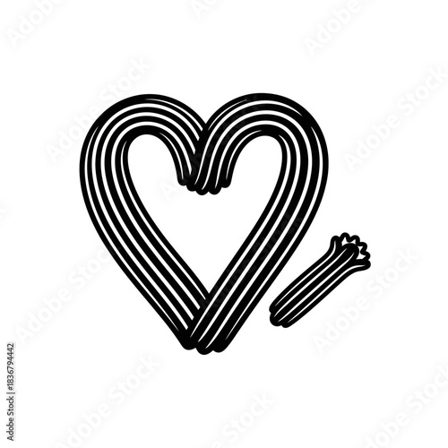 Sweet fried dough churro heart shaped silhouette vector illustration of a popular dessert isolated on white background