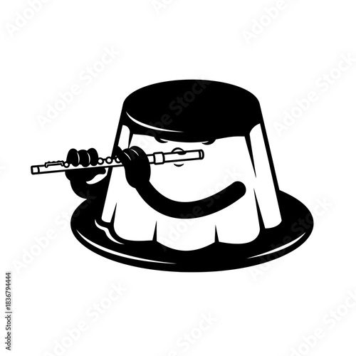 Sweet dessert pudding character silhouette vector playing a musical flute with a cheerful expression isolated on white background