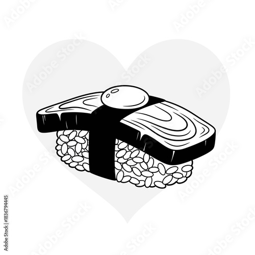 Sushi nigiri vector silhouette featuring eel and rice wrapped in nori with an egg yolk topping isolated on white background