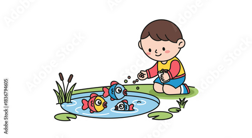 Cute Cartoon Boy Feeding Colorful Fish in a Pond.
