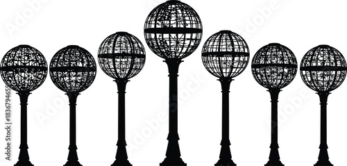 Symmetrical Silhouette Vector Illustration of Vintage Globe Street Lamps on Decorative Posts, Detailed Architectural Lighting Design Element, Flat Black and White CAD Drawing