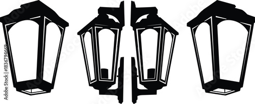 Symmetrical Silhouette Vector Illustration of Twin Decorative Vintage Street Light Posts with Three Lanterns Each, Ornate Scrollwork Design, Flat Black and White CAD Drawing