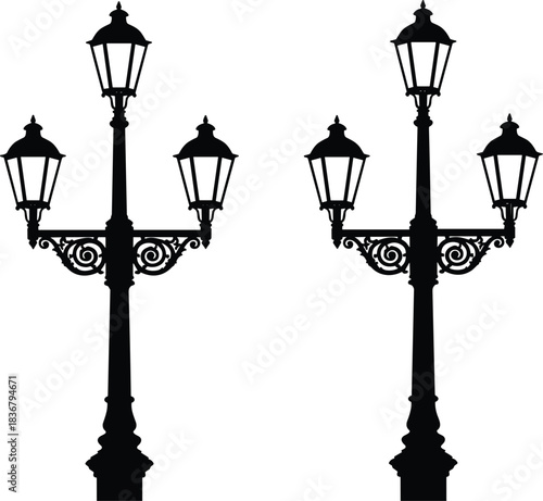 Vintage street lamps silhouette, classic lantern post design, ornate decorative lamp posts, urban outdoor lighting illustration, black vector artwork for design projects
