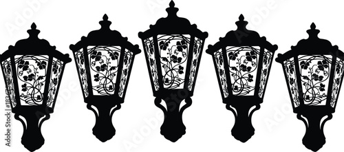 Symmetrical Silhouette Vector Illustration of Five Ornate Decorative Lanterns with Detailed Floral and Vine Scrollwork Pattern, Vintage Public Lighting, Flat Black CAD Drawing