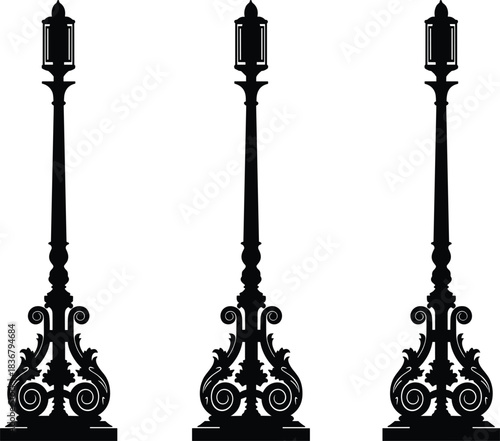 Symmetrical Silhouette Vector Illustration of Three Vintage Ornate Street Light Posts with Detailed Scrollwork Base, Classic Urban Architecture Element, Flat Black CAD Drawing