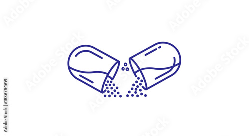 Open Capsule Spilling Powder Line Art Icon.