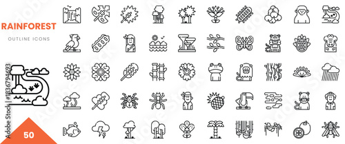 A diverse collection of rainforest-themed outline icons, showcasing nature and wildlife.