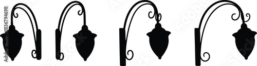 Symmetrical Silhouette Vector Illustration of Four Simple Wall Sconce Lanterns with Arched Brackets, Classic Outdoor Lighting Fixtures, Flat Black and White CAD Drawing