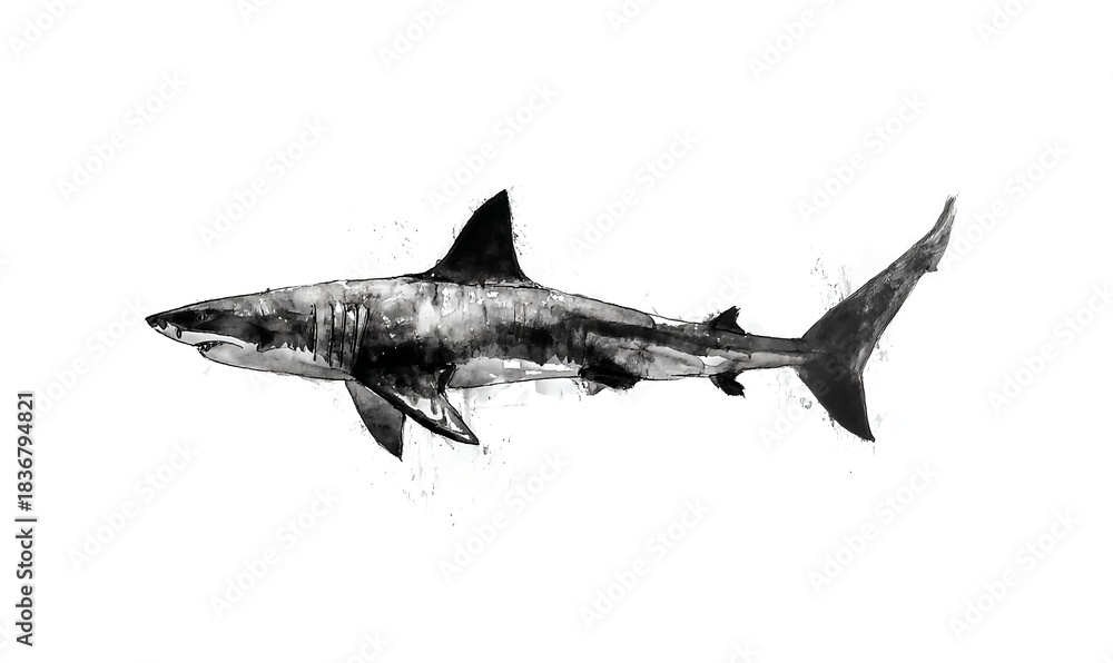 Fototapeta premium Elegant black ink shark rendered with expressive shan shui textures blending strength and serenity in motion