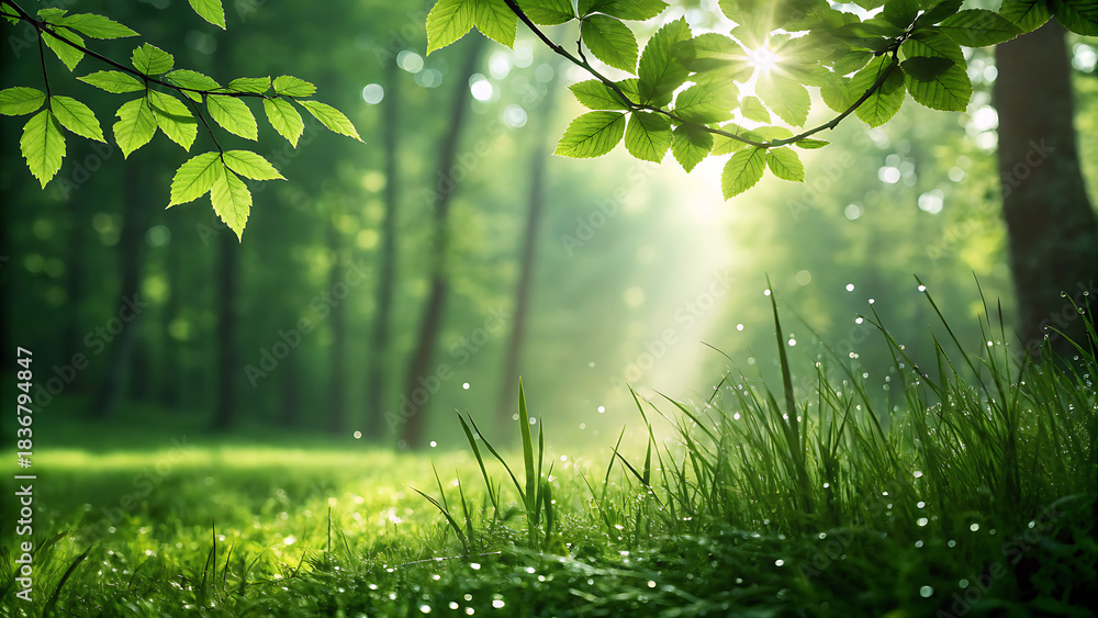 Obraz premium Sunlight streaming through lush green leaves and illuminating dewdrops on vibrant grass in a magical, misty forest clearing at dawn