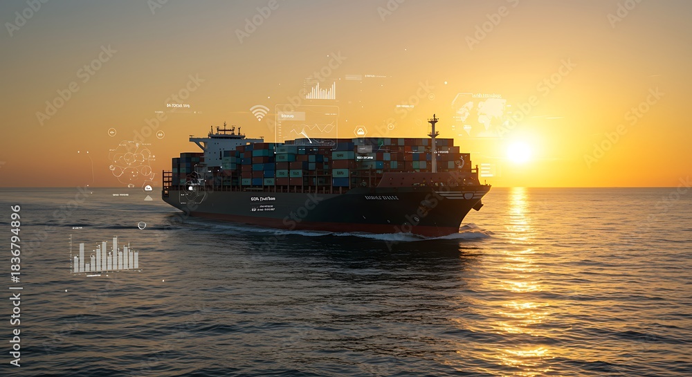 Obraz premium Large container ship sails at sunset with digital data overlays