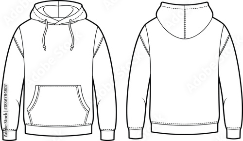 Technical flat sketch of hooded sweatshirt, kangaroo pocket drawstring hood design, fashion template, garment construction drawing, apparel illustration, vector outline, ribbed hem
