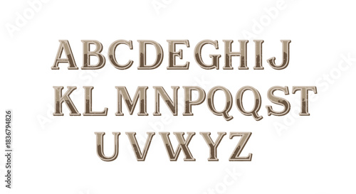 Textured Metallic Alphabet Letters Displayed in Rows.