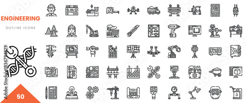 A collection of diverse engineering icons in outline style, depicting various tools and machinery.