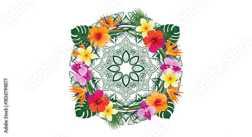 Colorful Floral Mandala with Tropical Flowers and Leaves.