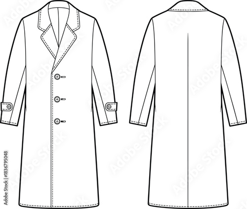 Technical flat sketch of long overcoat, notched lapel button closure cuff strap design, fashion template, garment construction drawing, apparel illustration, vector outline