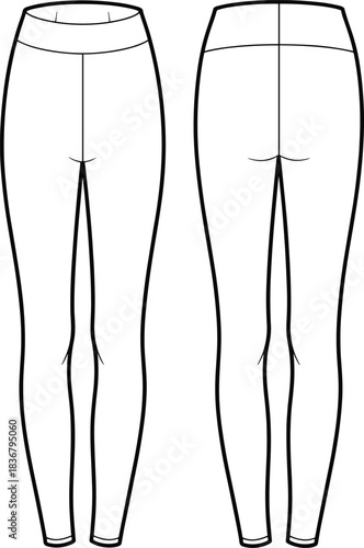Technical flat sketch of leggings, high waist tapered fit design, fashion template, garment construction drawing, apparel illustration, vector outline, seam details