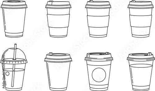 Vector Collection of Sixteen Minimalist Outline Icons for Coffee and Tea, Featuring Hot Cups, Travel Mugs, and Cold Takeaway Drinks, Ideal for Cafe Menus and Beverage App Design