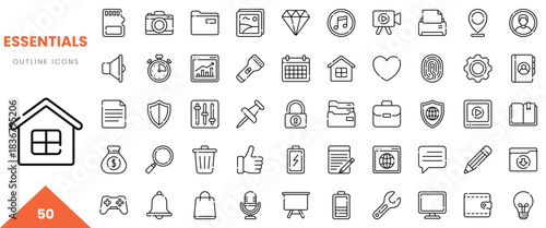 A collection of essential outline icons featuring various symbols for technology and everyday items.