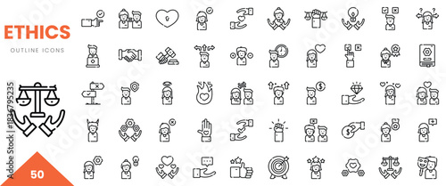 An array of outline icons depicting various ethical concepts and themes.