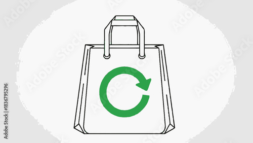 Eco-friendly reusable shopping bag with green recycling symbol illustration, representing sustainable consumerism and environmental protection