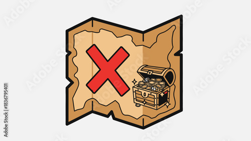 Old parchment treasure map with a red 'X marks the spot' and an open wooden chest full of shiny gold coins, adventure quest