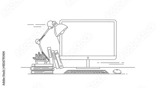 Minimalist home office desktop setup line art illustration with computer monitor, lamp, books, and plant for remote work and study