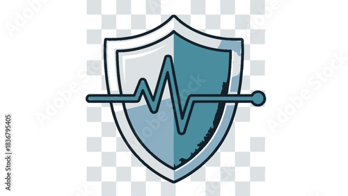Medical security shield with heartbeat line icon. Healthcare protection, digital health safety, vital signs monitoring, insurance concept.