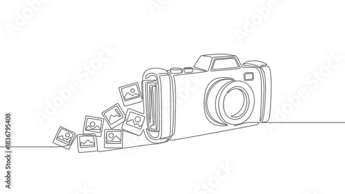 Minimalist continuous line art illustration of a vintage camera producing photos, representing photography, memories, and digital media