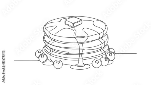 Continuous line drawing of a stack of pancakes with melting butter, syrup drizzle, and fresh blueberries, breakfast food, outline art