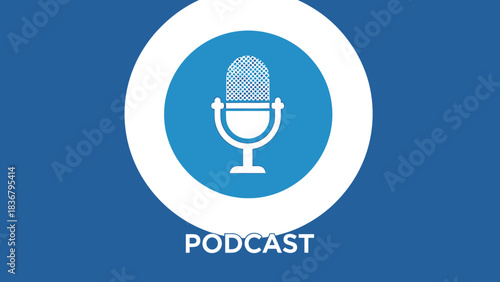 Podcast microphone icon on blue background. Digital audio broadcasting, streaming, and online communication concept graphic.