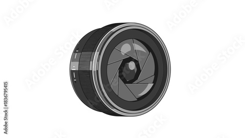 Modern camera lens with visible aperture blades isolated on white background, representing photography and optical technology.