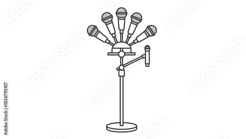 Minimalist line art illustration of a multi-microphone array on a stand for professional audio recording, podcasting, and broadcasting.
