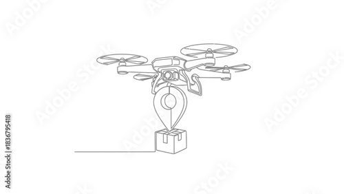 Continuous one line drawing of a delivery drone carrying a package with a location pin, modern logistics and technology concept