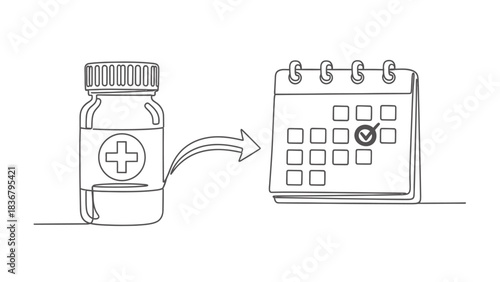 Continuous Line Drawing: Medicine Bottle, Arrow, and Calendar for Daily Medication Schedule or Treatment Plan